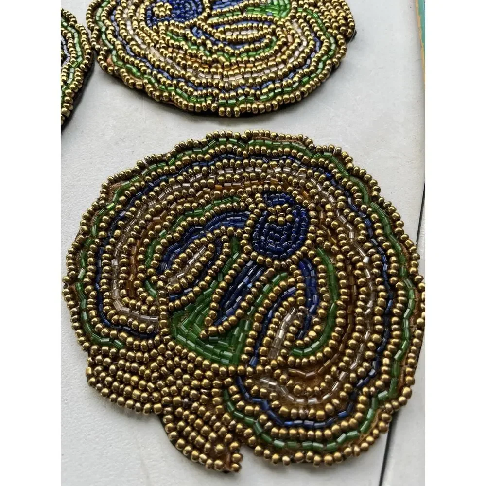 VTG Silk back Beaded Peacock Coasters Set of 5 Retro Art deco Blue Green Gold